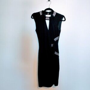 Cache little black dress with silver beaded detail along the neck and cutout det